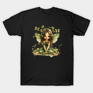 Cute Saint Patrick's Day Fairy seated in four leaf clovers butterflies shamrocks happy St. Patricks Day T-Shirt